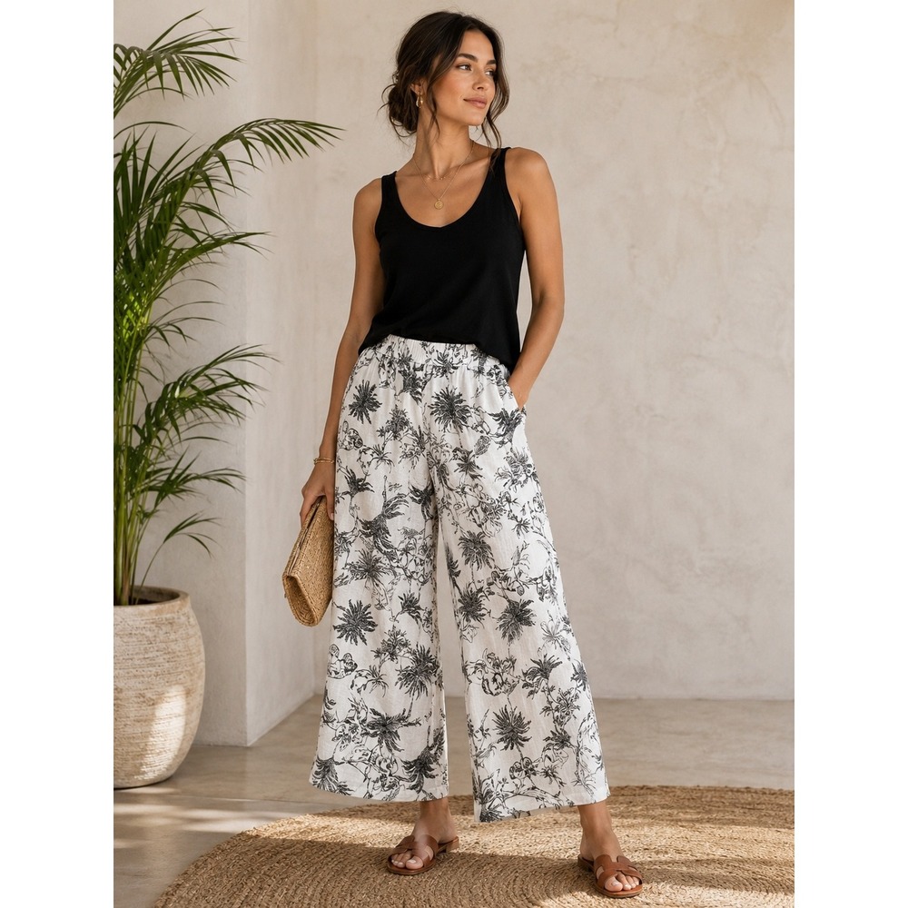 JJoie 100% Linen Wide Leg Crop Pants L Tropical Toile Monkey Resort